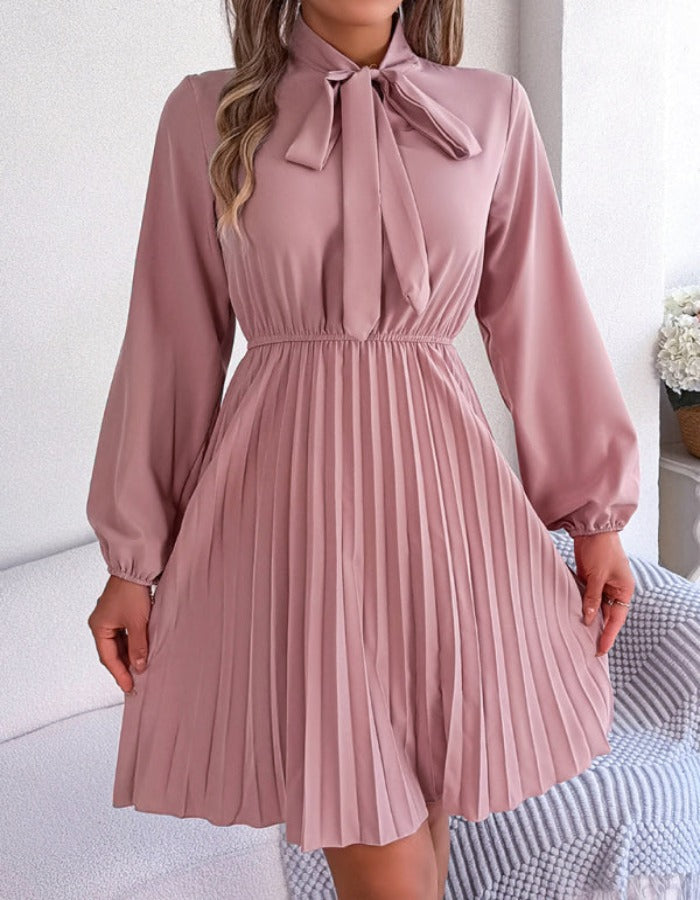 SHOPIQAT Autumn and Winter Temperament Tie Waist Long Sleeve Pleated Skirt - Premium Dresses from shopiqat - Just $6.280! Shop now at shopiqat